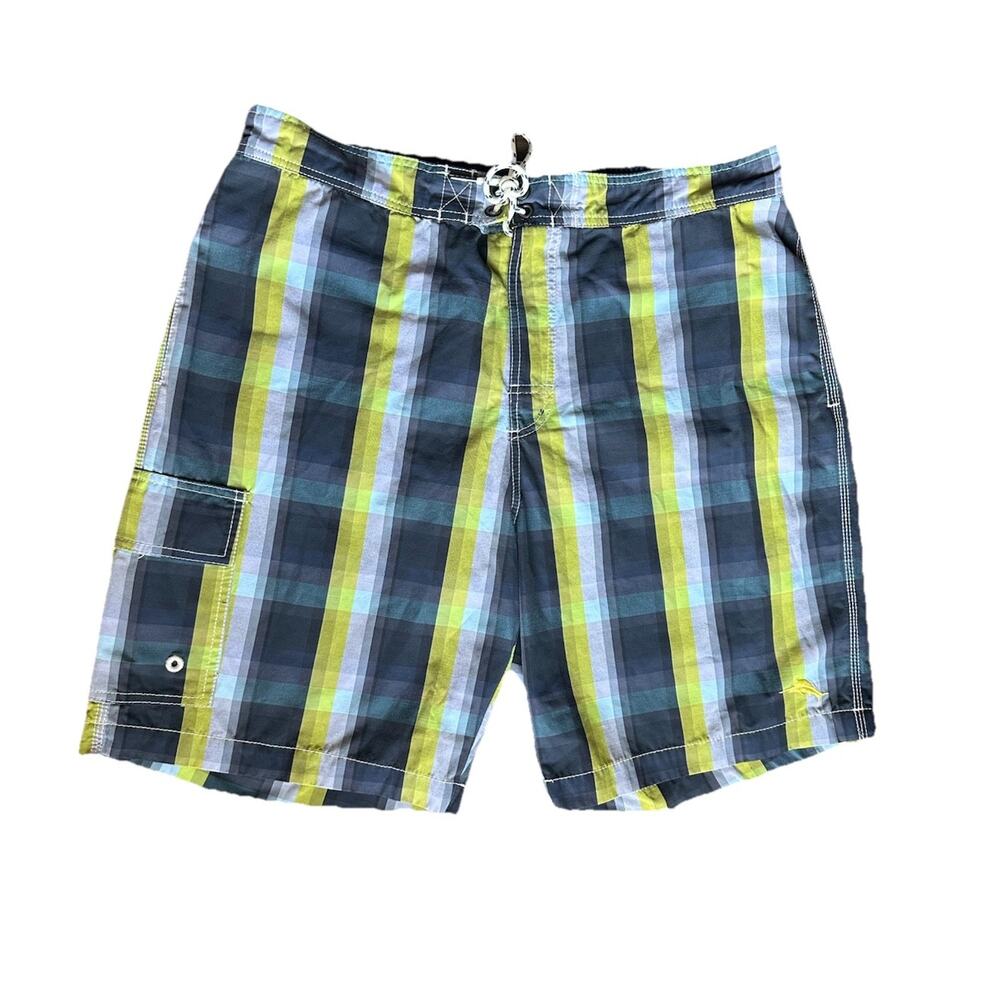 Tommy Bahama Men’s Cargo Shorts Gray & Green Plaid Sz L Relaxed Island Crafted